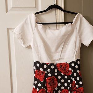 Off shoulder, scalloped, red and white rose, dress